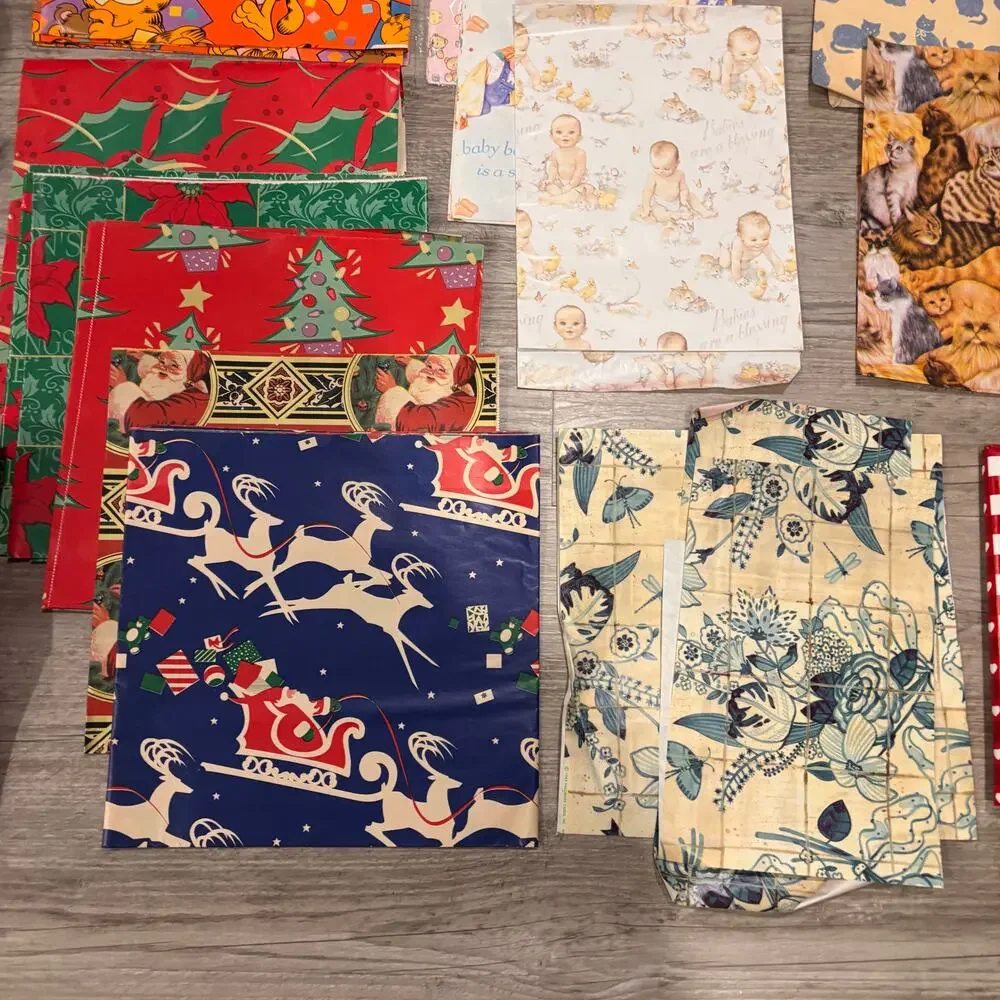 Vtg 80s Gift Wrap Wrapping Paper Gift Bags Ribbon Christmas Baby Shower Garfield